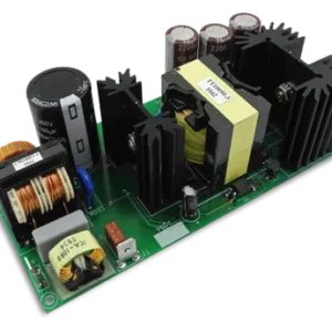 90 W power supply circuit board with transformer, inductors, capacitors, and heat sinks