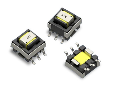 CT01 current sense transformer showing compact surface-mount construction, magnetic core, and SMT terminals
