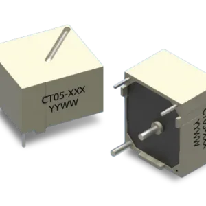 CT05 current sense transformer showing enclosed through-hole housing, internal core, and radial terminals