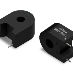 CT08 current sense transformer showing compact tombstone housing with central conductor opening and through-hole terminals