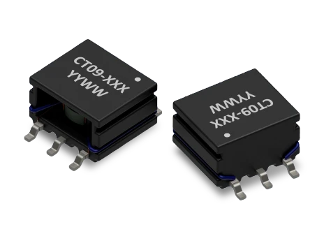 CT09 current sense transformer showing compact surface-mount package with enclosed magnetic core and winding.