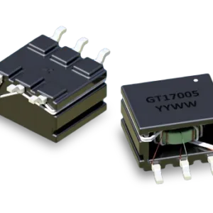 GT17005 gate drive transformer showing compact surface-mount package, internal windings, and gull-wing terminals
