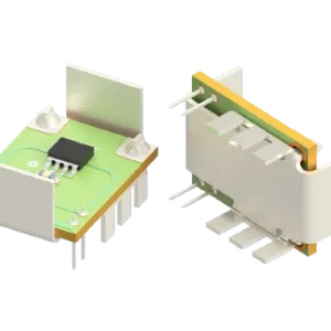 ISE-A-800 Hall-effect current sensor showing PCB assembly, magnetic shield, and busbar terminals