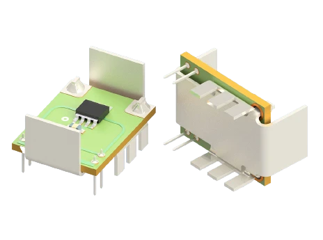 ISE-A-800 Hall-effect current sensor showing PCB assembly, magnetic shield, and busbar terminals