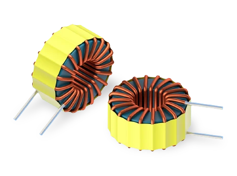 ITP-V toroidal power inductor showing copper windings, powdered-iron core, and through-hole leads