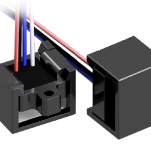ISB-A-802 Hall-effect current sensor showing sensor chip housing, molded casing, and insulated lead wires