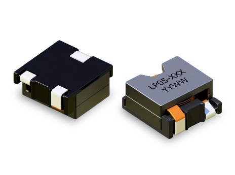 LP05 flat-wire power inductor showing ferrite core, copper winding, and surface-mount terminals