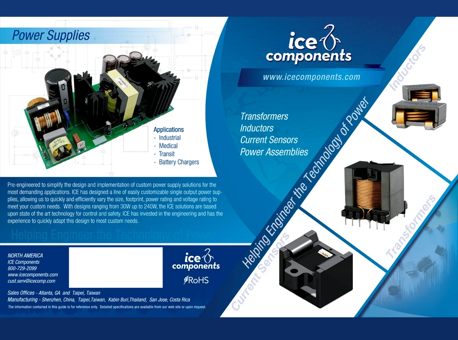 ICE Components capabilities brochure featuring power supplies, transformers, inductors, and current sensors