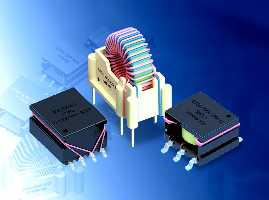 ICE Components gate drive transformer product family showing surface-mount and through-hole transformer designs