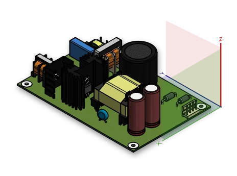 3D model of an electronic circuit board with power components and dimensional reference planes