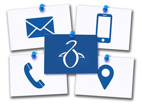 Contact options including email, mobile phone, telephone, and location icons