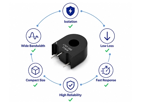 Current sense transformer highlighting isolation, low loss, fast response, high reliability, compact size, and wide bandwidth