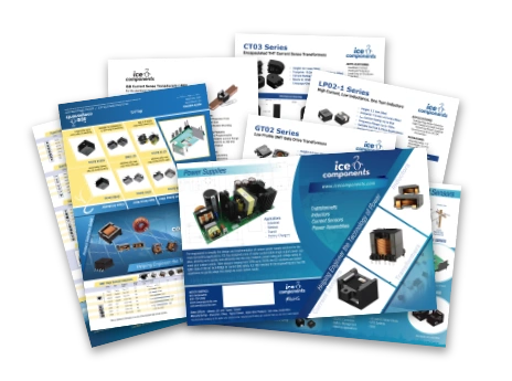 ICE Components product datasheets for transformers, inductors, current sensors, and power magnetics