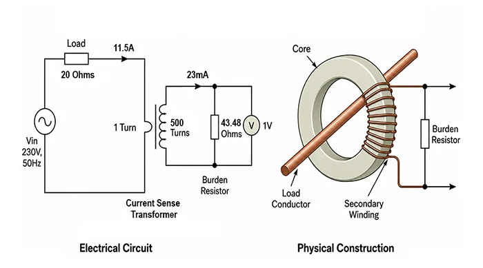 Current sense transformer circuit and physical construction showing primary conductor, secondary winding, core, and burden resistor
