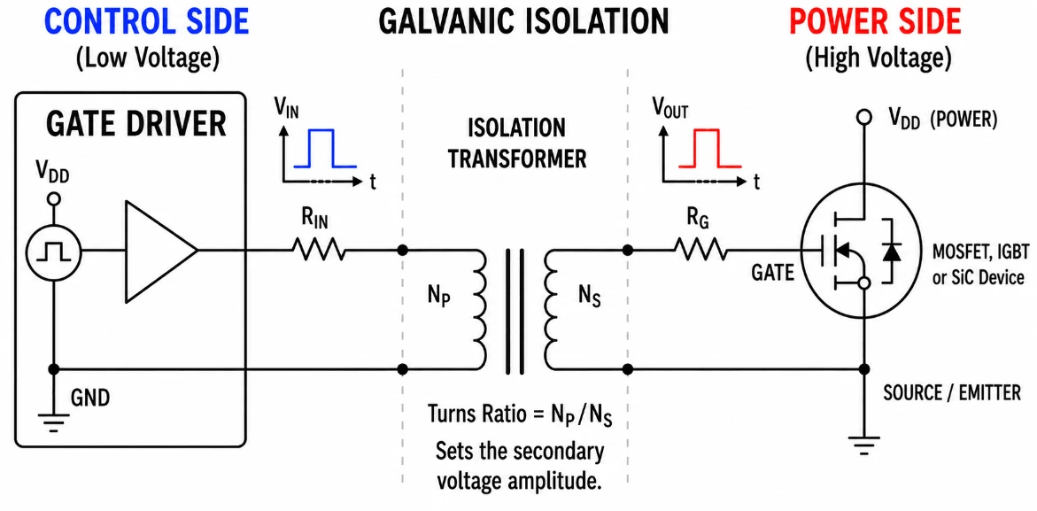 Gate drive transformer circuit showing galvanic isolation between a low-voltage gate driver and a high-voltage MOSFET, IGBT, or SiC device