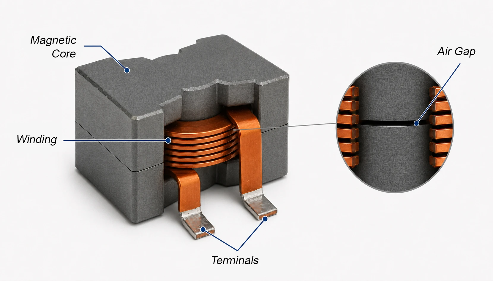 Power inductor construction showing magnetic core, winding, terminals, and core air gap