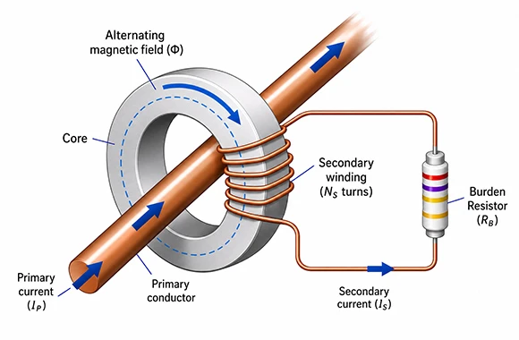 Current sense transformer operating principle showing primary current, magnetic flux, secondary winding, secondary current, and burden resistor