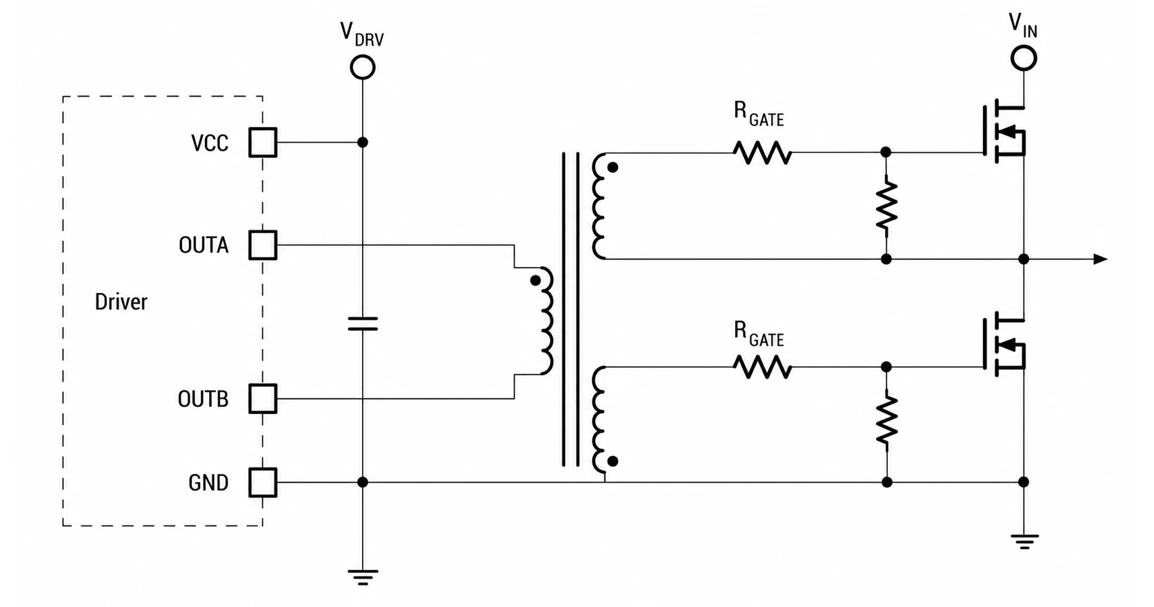 Gate drive transformer circuit providing isolated drive signals to high-side and low-side MOSFETs in a half-bridge