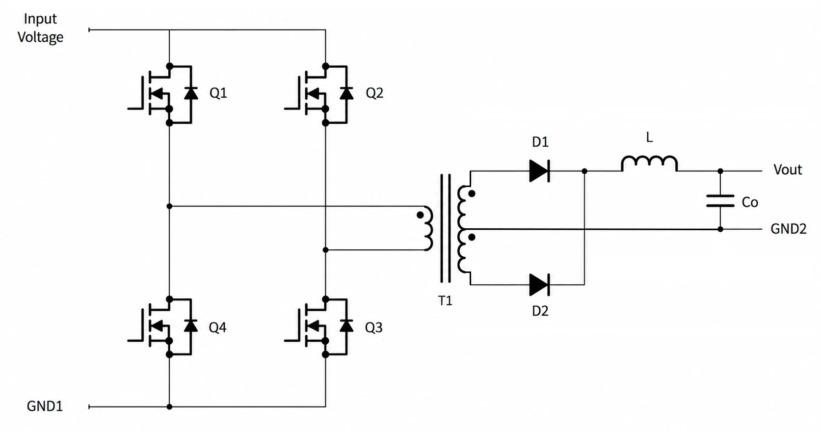 Full-bridge converter circuit with four MOSFETs, transformer isolation, rectifier diodes, and output LC filter