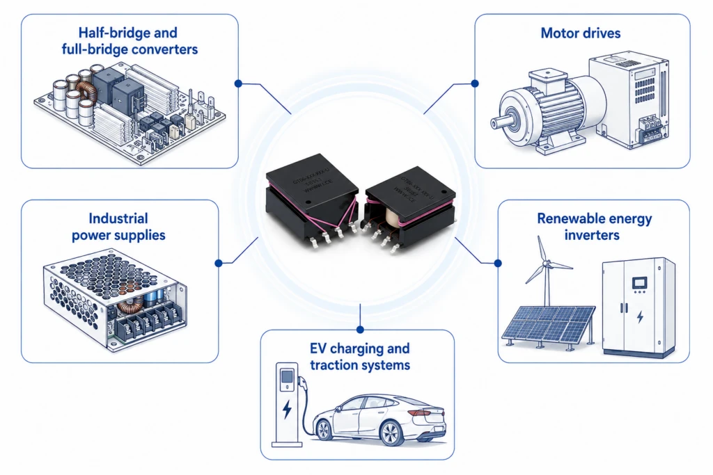 Gate drive transformer applications including half-bridge and full-bridge converters, motor drives, industrial power supplies, renewable energy inverters, and EV charging systems
