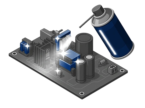 Electronic circuit board being cleaned with an aerosol spray to illustrate component washability
