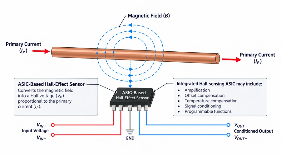 ASIC-based Hall-effect current sensor diagram showing primary current, magnetic field sensing, input voltage, ground, and conditioned output.