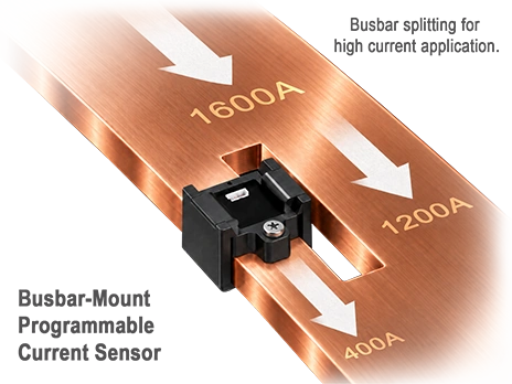 ISB busbar-mount Hall-effect current sensor on a slotted copper busbar for high-current measurement